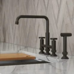 Color-Changing Industrial Bridge Kitchen Faucet with Side Sprayer and ColorSmart™ Technology in Matte Black / Grey