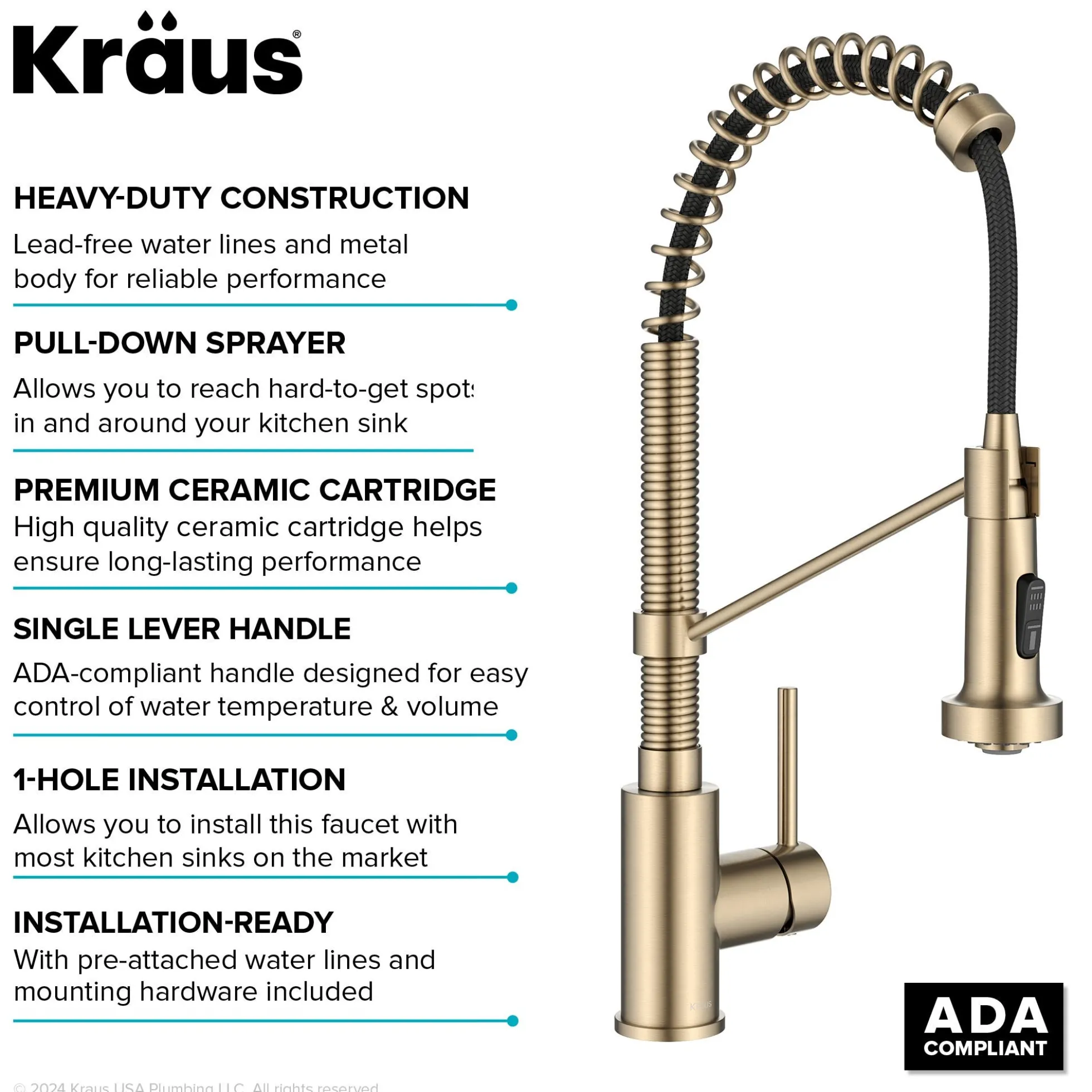 Commercial Style 2-Function Single Handle Pull Down Kitchen Faucet in Spot-Free Antique Champagne Bronze