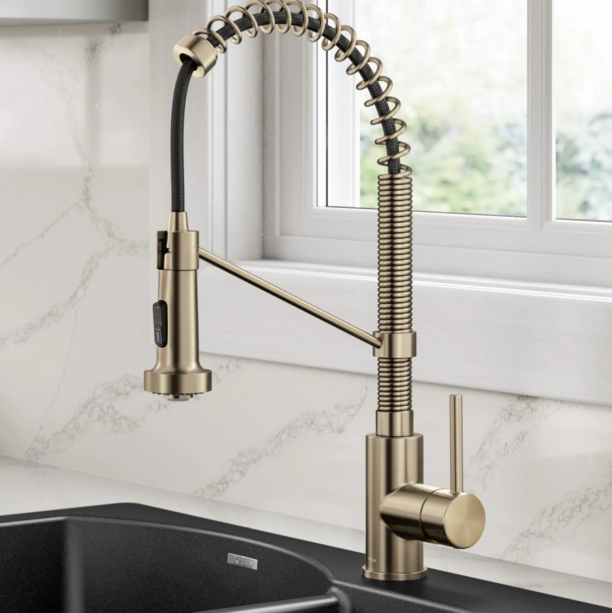 Commercial Style 2-Function Single Handle Pull Down Kitchen Faucet in Spot-Free Antique Champagne Bronze