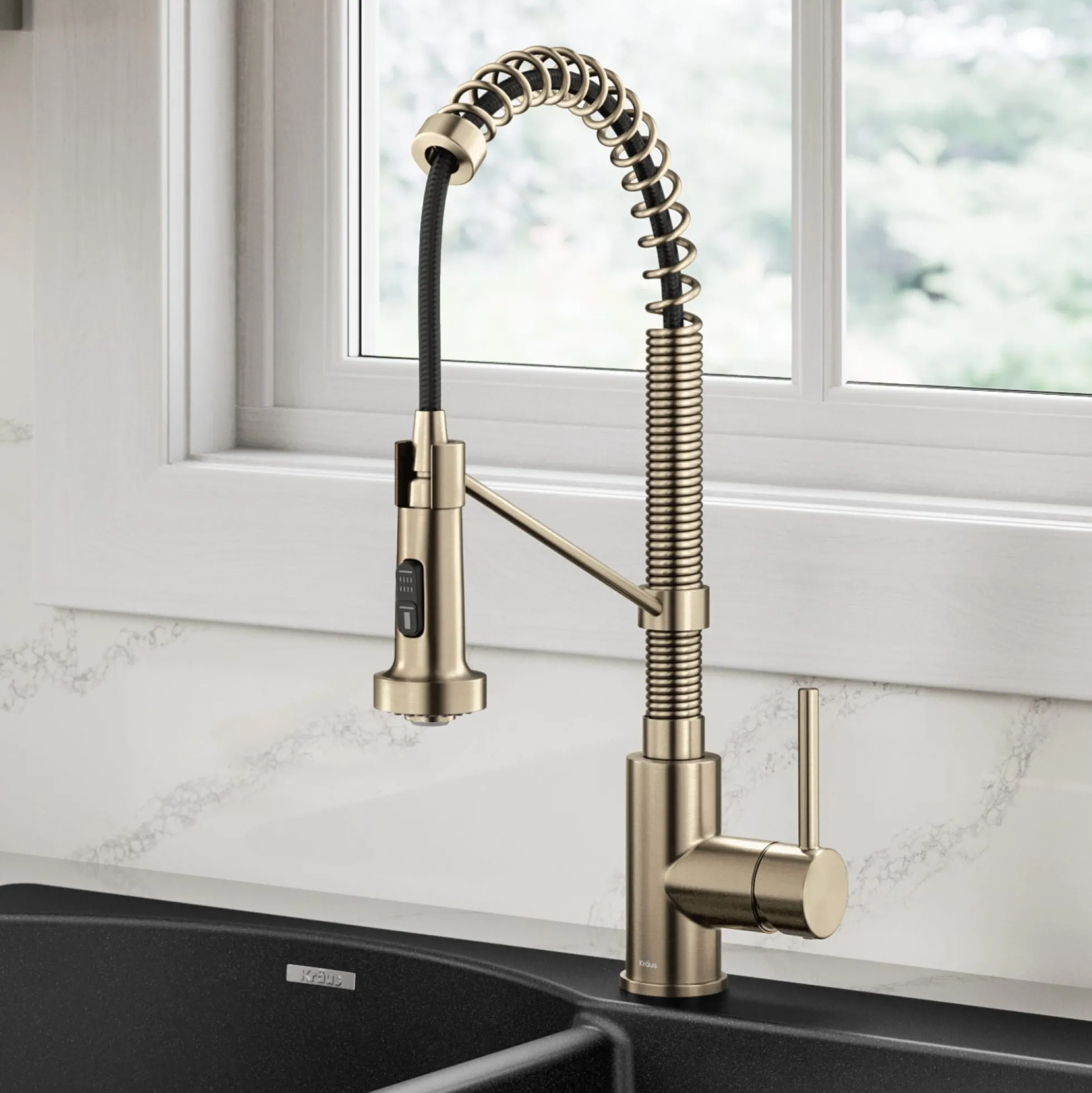 Commercial Style 2-Function Single Handle Pull Down Kitchen Faucet in Spot-Free Antique Champagne Bronze
