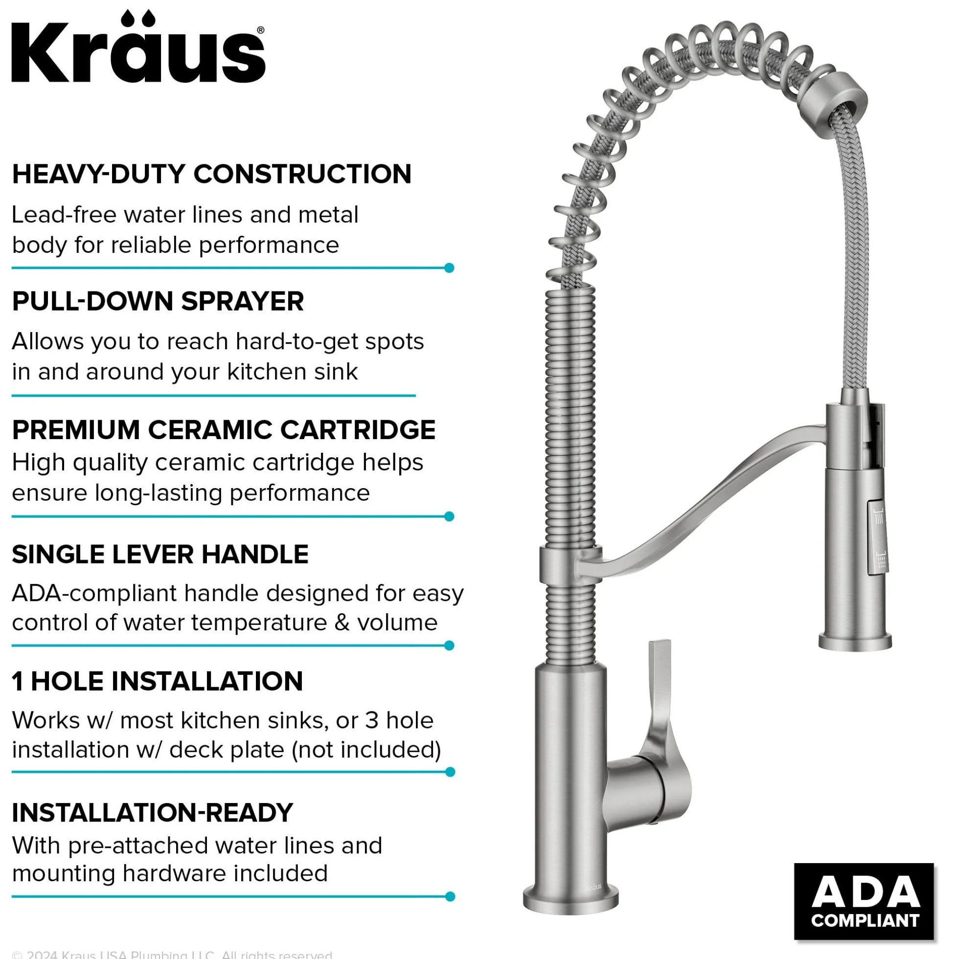 Commercial Style 2-Function Single Handle Pull Down Kitchen Faucet in Spot-Free Stainless Steel