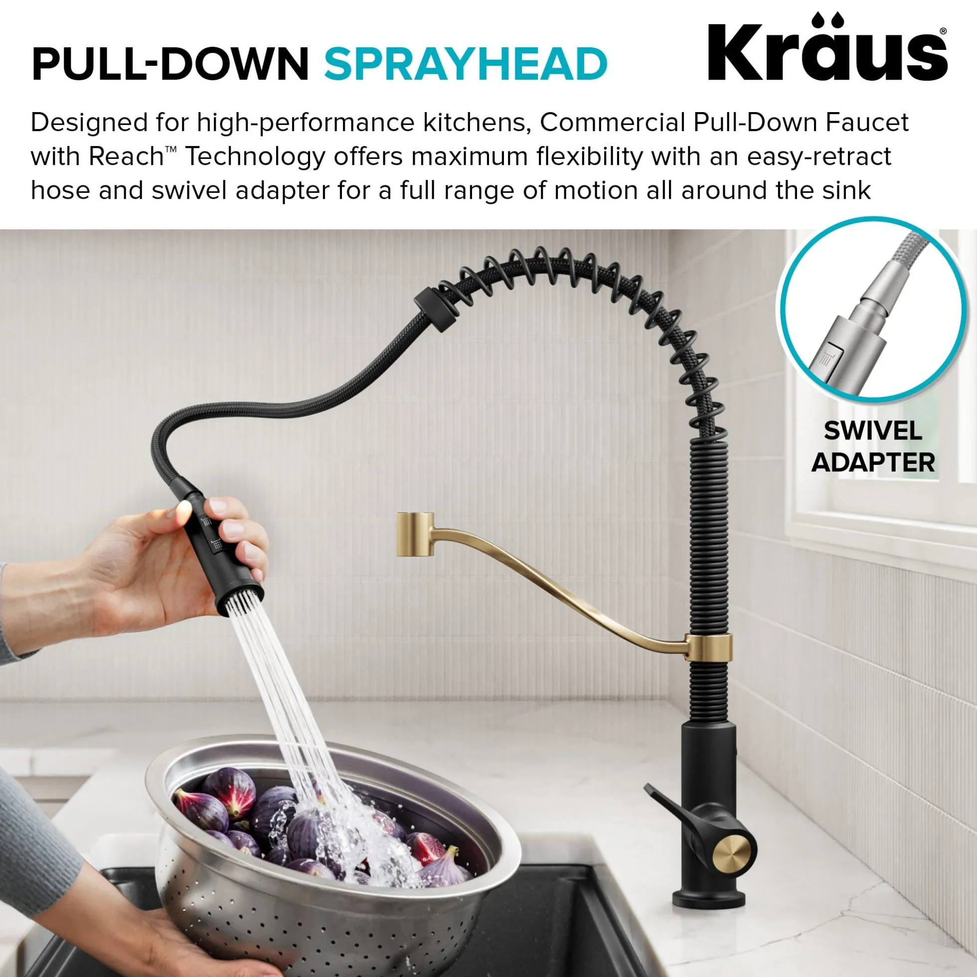 Commercial Style 2-Function Single Handle Pull Down Kitchen Faucet in Spot-Free Brushed Brass / Matte Black