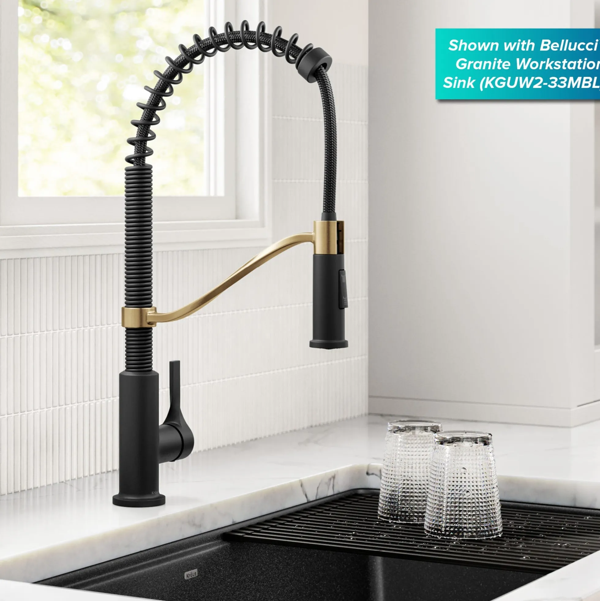 Commercial Style 2-Function Single Handle Pull Down Kitchen Faucet in Spot-Free Brushed Brass / Matte Black