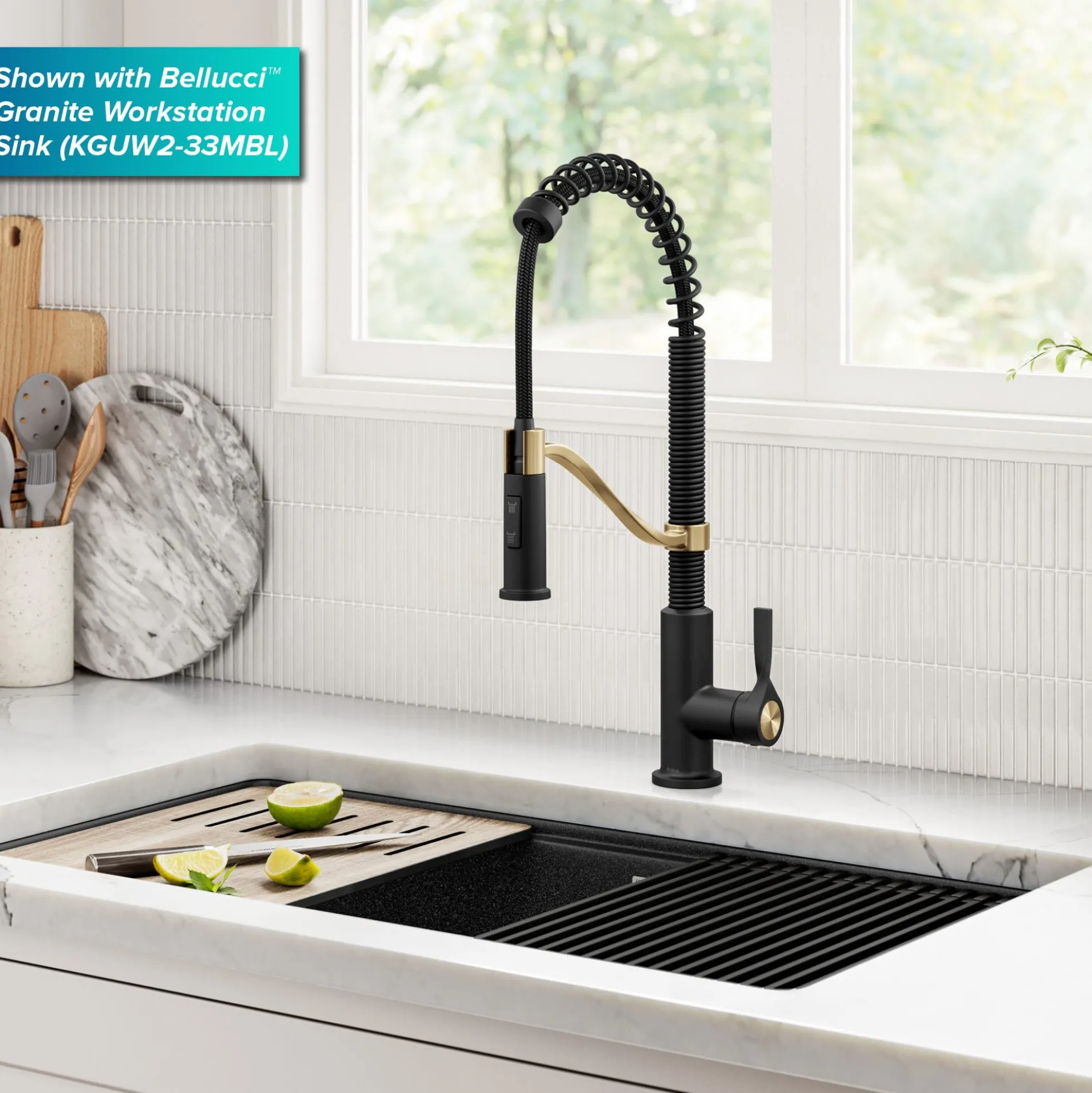 Commercial Style 2-Function Single Handle Pull Down Kitchen Faucet in Spot-Free Brushed Brass / Matte Black