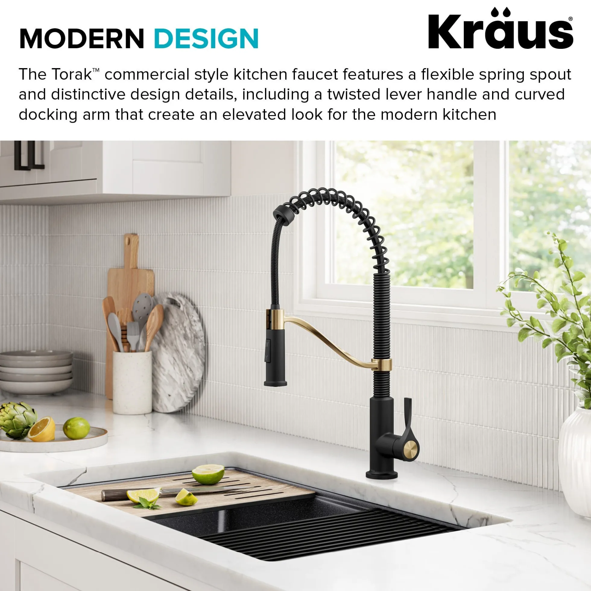 Commercial Style 2-Function Single Handle Pull Down Kitchen Faucet in Spot-Free Brushed Brass / Matte Black