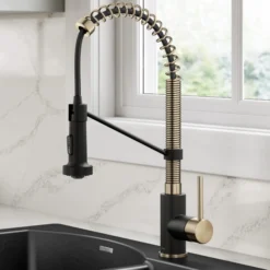 Commercial Style 2-Function Single Handle Pull Down Kitchen Faucet in Spot-Free Antique Champagne Bronze / Matte Black