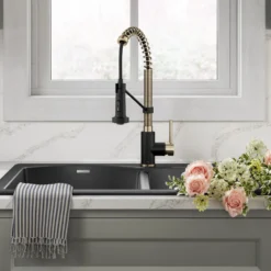 Commercial Style 2-Function Single Handle Pull Down Kitchen Faucet in Spot-Free Antique Champagne Bronze / Matte Black