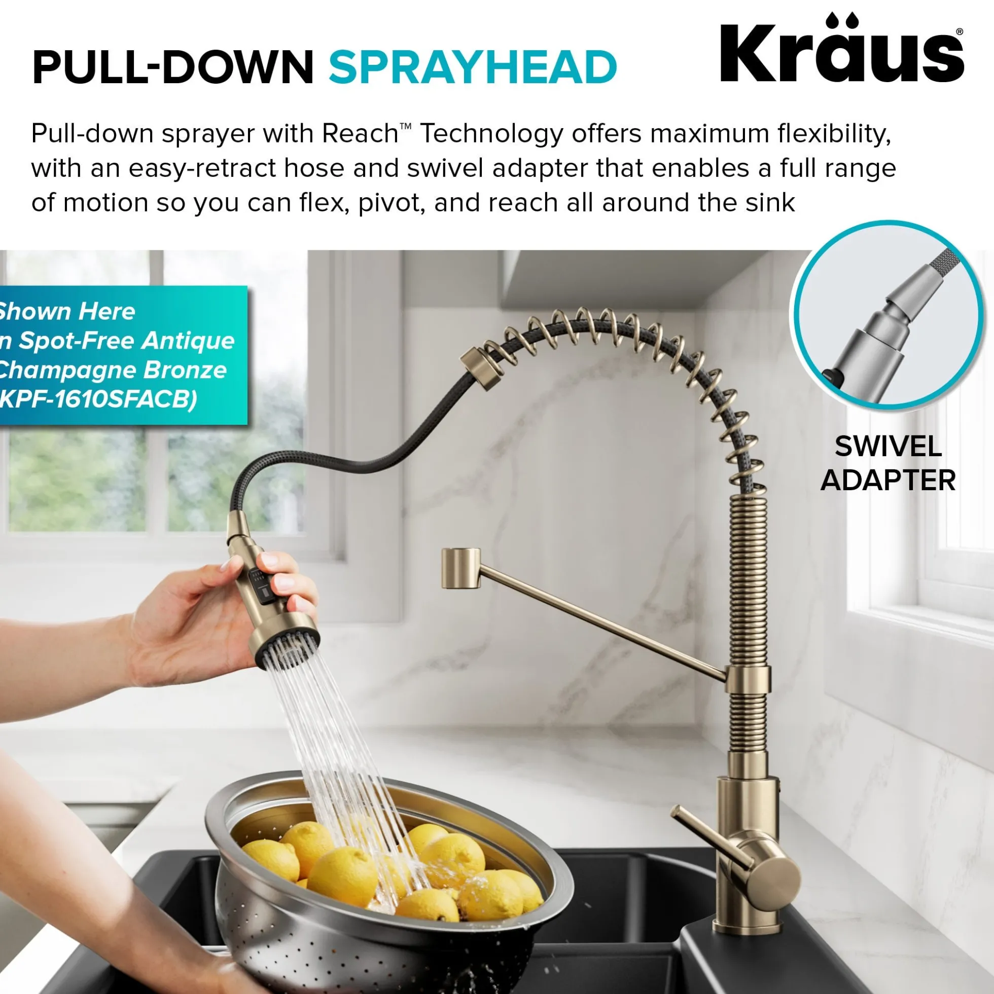 Commercial Style 2-Function Single Handle Pull Down Kitchen Faucet in Spot-Free Antique Champagne Bronze / Matte Black