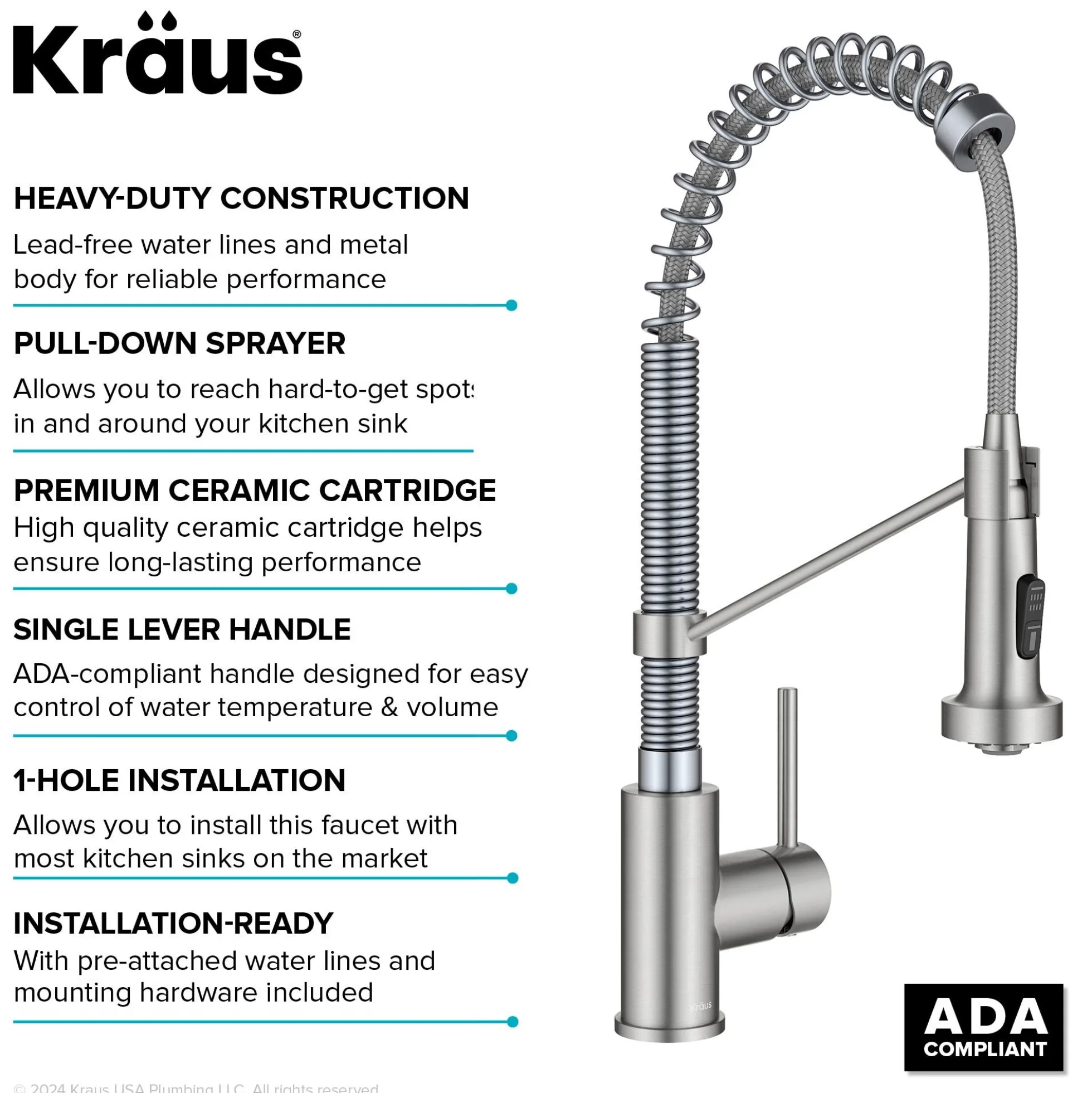 Commercial Style 2-Function Single Handle Pull Down Kitchen Faucet in Spot-Free Stainless Steel / Chrome