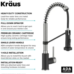 Commercial Style 2-Function Single Handle Pull Down Kitchen Faucet in Spot-Free Stainless Steel / Matte Black