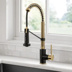 Commercial Style 2-Function Single Handle Pull Down Kitchen Faucet in Brushed Brass / Matte Black