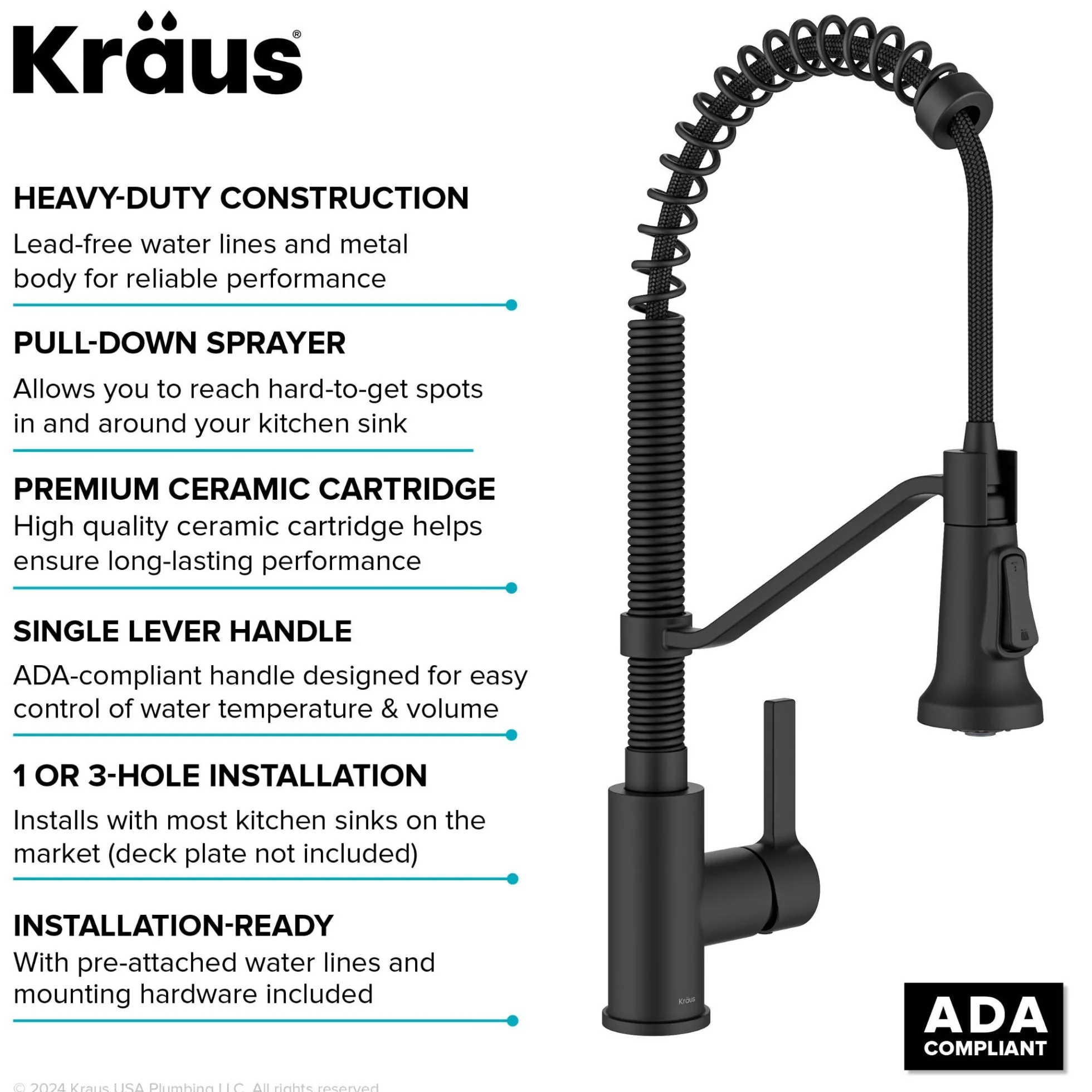 Commercial Style 2-Function Single Handle Pull Down Kitchen Faucet in Matte Black