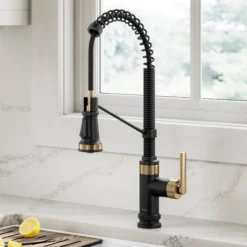 Commercial Style 2-Function Single Handle Pull Down Kitchen Faucet in Spot-Free Brushed Brass / Matte Black