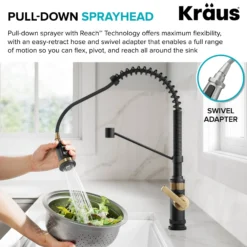 Commercial Style 2-Function Single Handle Pull Down Kitchen Faucet in Spot-Free Brushed Brass / Matte Black