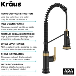 Commercial Style 2-Function Single Handle Pull Down Kitchen Faucet in Spot-Free Brushed Brass / Matte Black