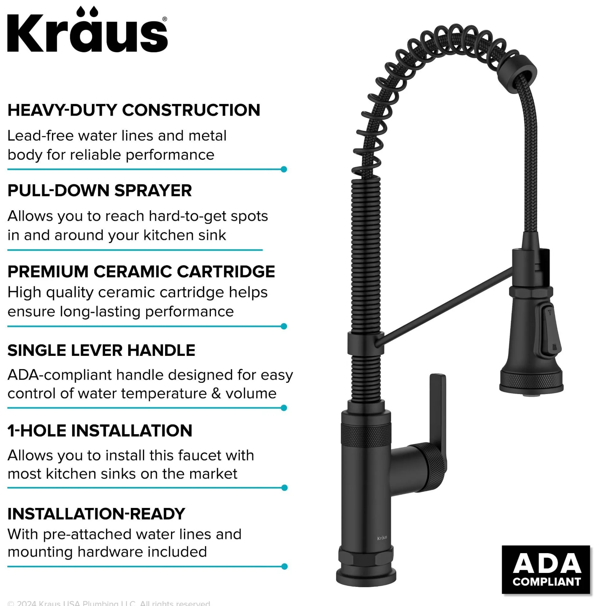 Commercial Style 2-Function Single Handle Pull Down Kitchen Faucet in Matte Black