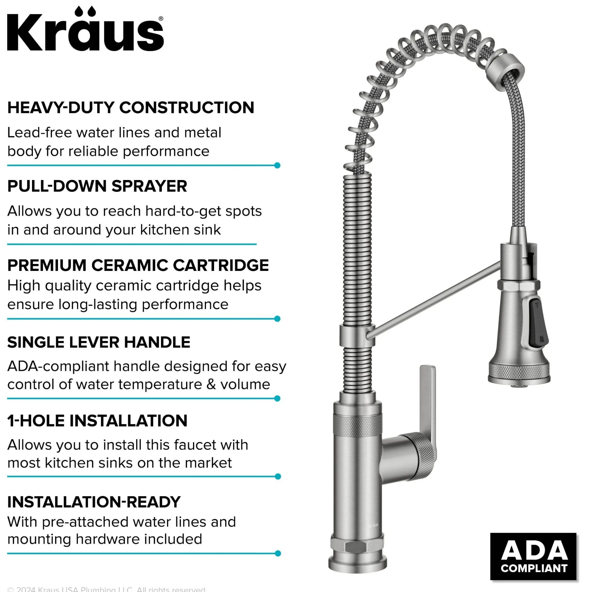 Commercial Style 2-Function Single Handle Pull Down Kitchen Faucet in Spot-Free Stainless Steel
