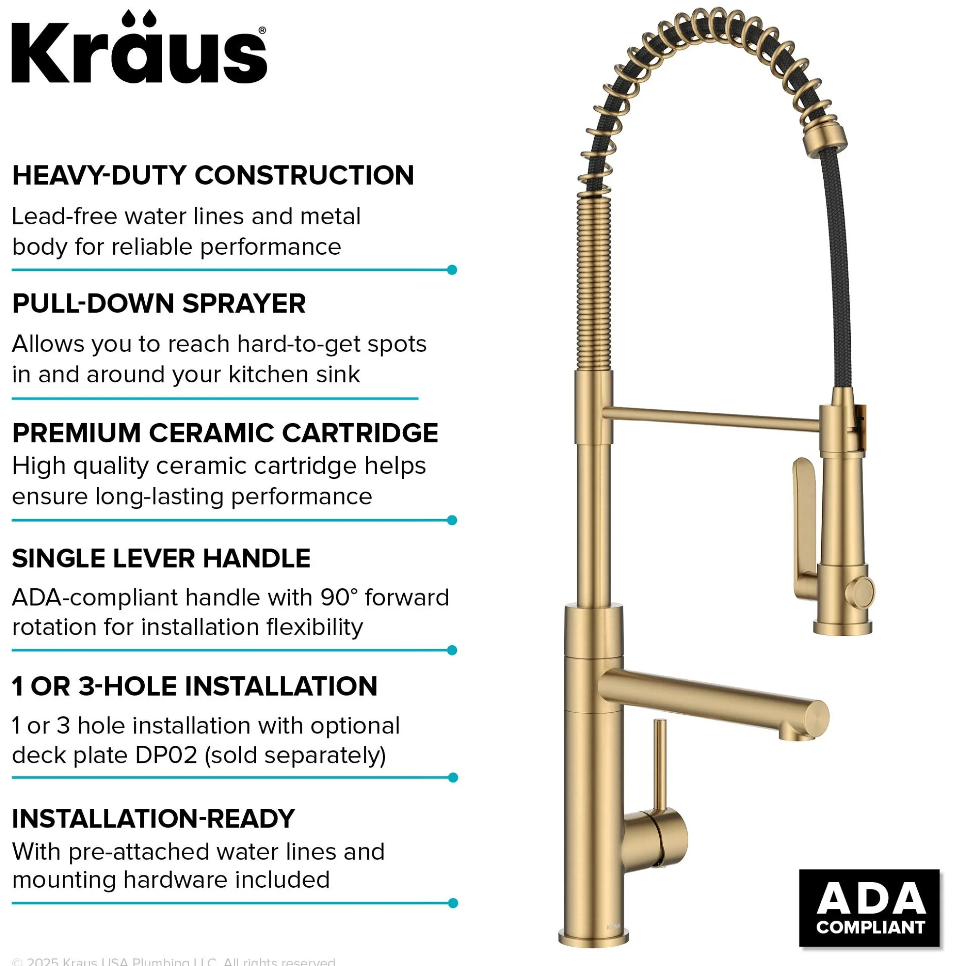Commercial Style 2-Function Single Handle Pull Down Kitchen Faucet with Pot Filler in Spot-Free Brushed Brass