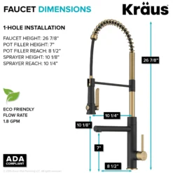 Commercial Style 2-Function Single Handle Pull Down Kitchen Faucet with Pot Filler in Spot-Free Brushed Brass / Matte Black