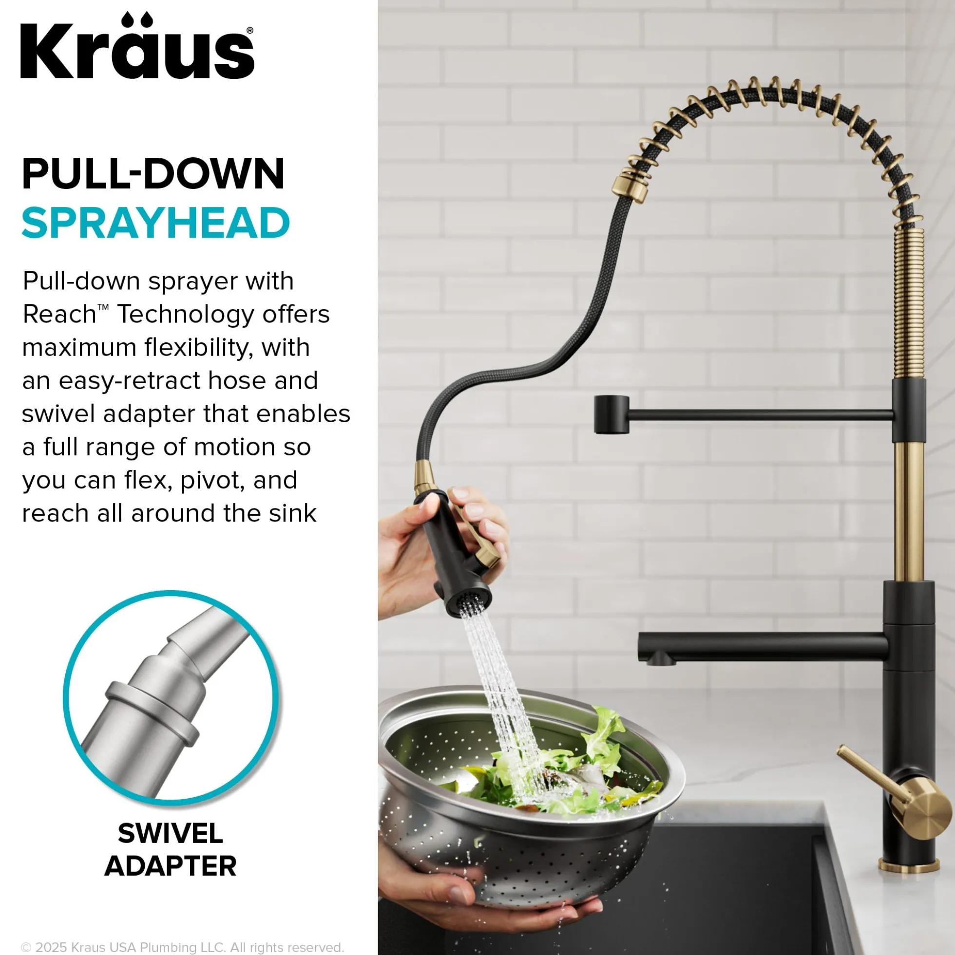 Commercial Style 2-Function Single Handle Pull Down Kitchen Faucet with Pot Filler in Spot-Free Brushed Brass / Matte Black