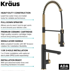 Commercial Style 2-Function Single Handle Pull Down Kitchen Faucet with Pot Filler in Spot-Free Brushed Brass / Matte Black