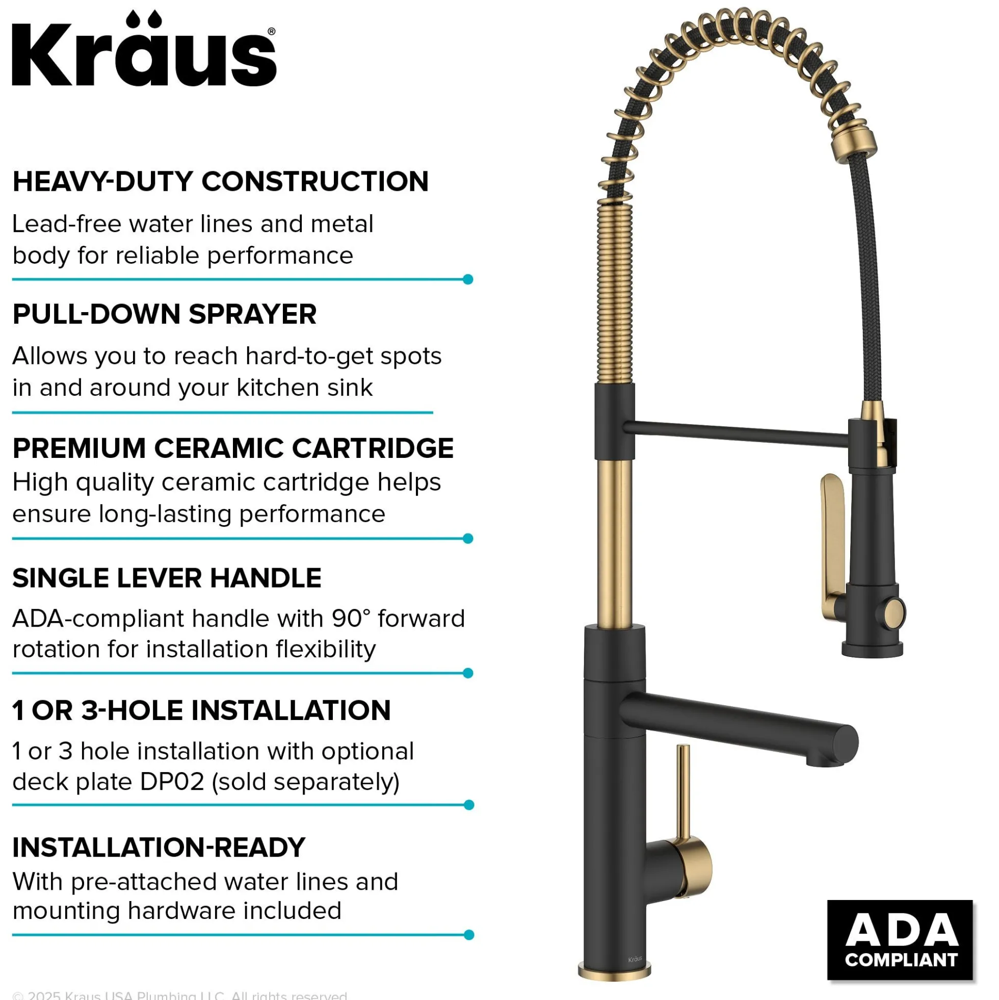 Commercial Style 2-Function Single Handle Pull Down Kitchen Faucet with Pot Filler in Spot-Free Brushed Brass / Matte Black