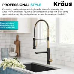 Commercial Style 2-Function Single Handle Pull Down Kitchen Faucet with Pot Filler in Spot-Free Brushed Brass / Matte Black