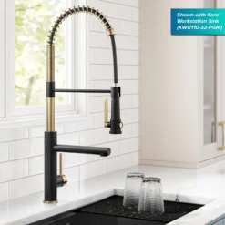 Commercial Style 2-Function Single Handle Pull Down Kitchen Faucet with Pot Filler in Spot-Free Brushed Brass / Matte Black