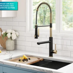 Commercial Style 2-Function Single Handle Pull Down Kitchen Faucet with Pot Filler in Spot-Free Brushed Brass / Matte Black