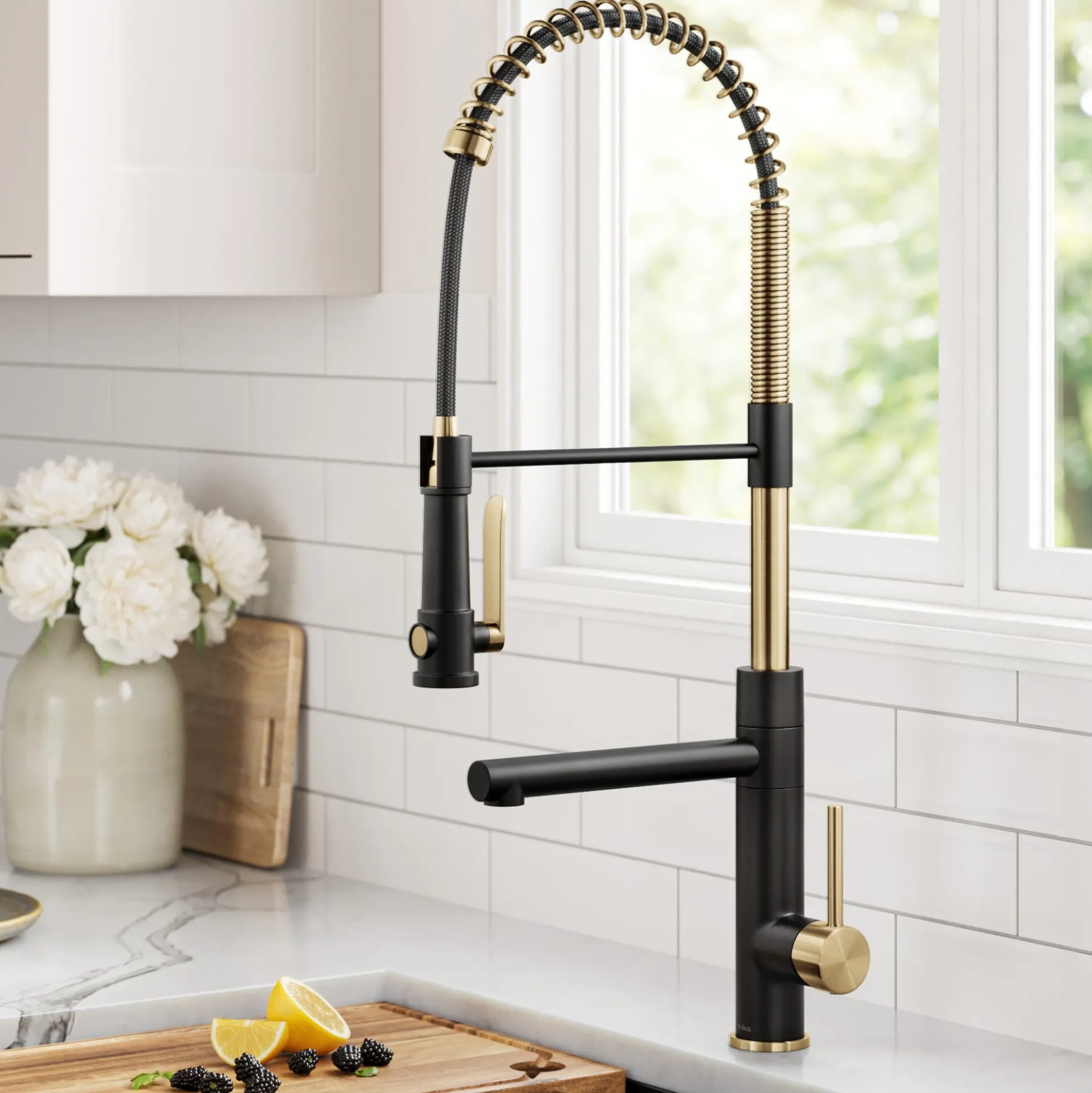 Commercial Style 2-Function Single Handle Pull Down Kitchen Faucet with Pot Filler in Spot-Free Brushed Brass / Matte Black