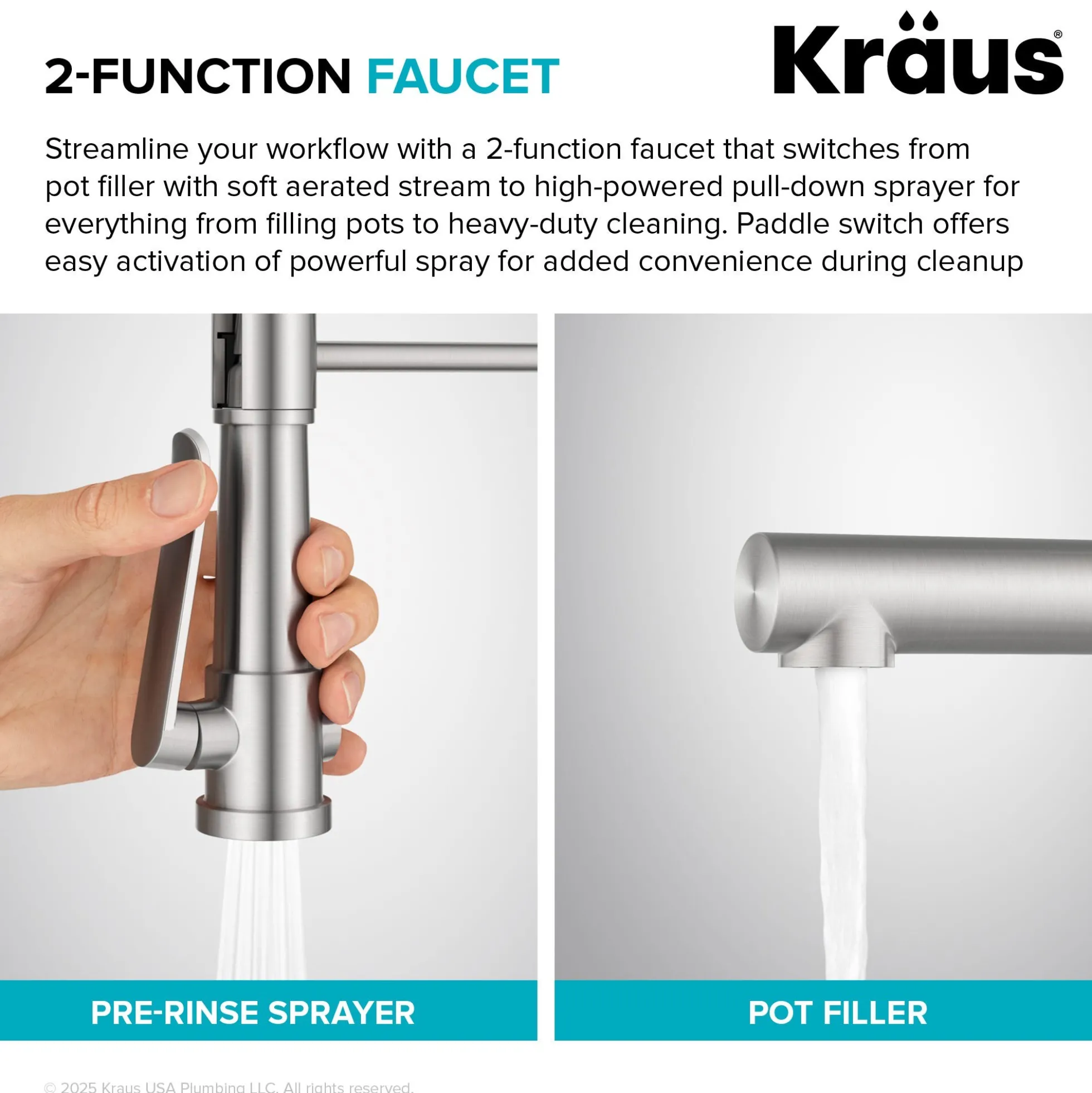 Commercial Style 2-Function Single Handle Pull Down Kitchen Faucet with Pot Filler in Spot-Free Stainless Steel