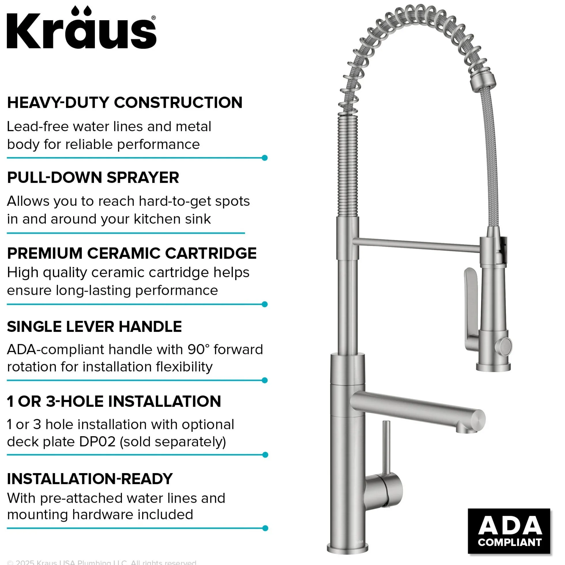 Commercial Style 2-Function Single Handle Pull Down Kitchen Faucet with Pot Filler in Spot-Free Stainless Steel