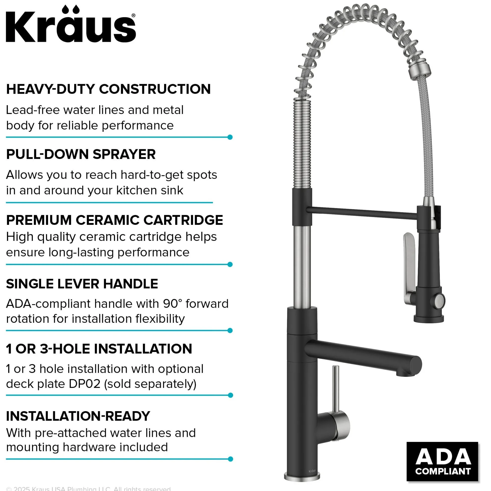 Commercial Style 2-Function Single Handle Pull Down Kitchen Faucet with Pot Filler in Spot-Free Stainless Steel / Matte Black