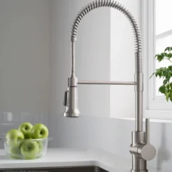 Commercial Style Kitchen Faucet with Deck Plate and Soap Dispenser in all-Brite Spot Free Stainless Steel