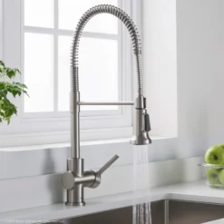 Commercial Style Kitchen Faucet with Deck Plate and Soap Dispenser in all-Brite Spot Free Stainless Steel
