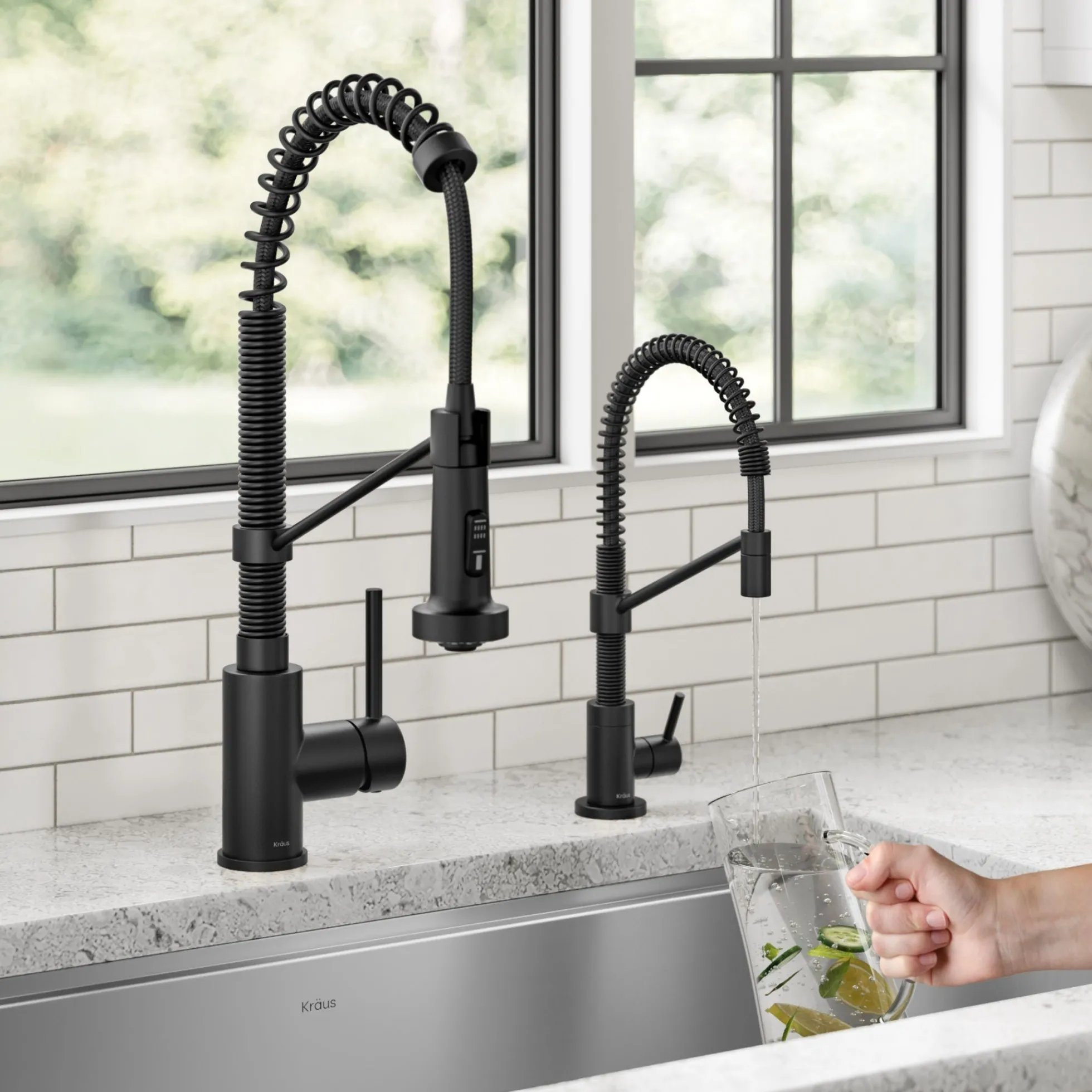 Commercial Style Pull Down Kitchen Faucet and Water Filter Faucet Combo in Matte Black