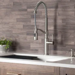 Commercial Style Pull-Down Kitchen Faucet with Deck Plate and Soap Dispenser in Spot Free Stainless Steel