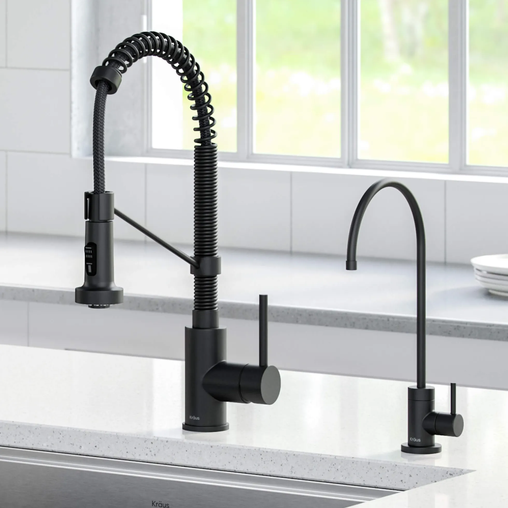 Commercial Style Pull-Down Kitchen Faucet and Water Filter Faucet Combo in Matte Black