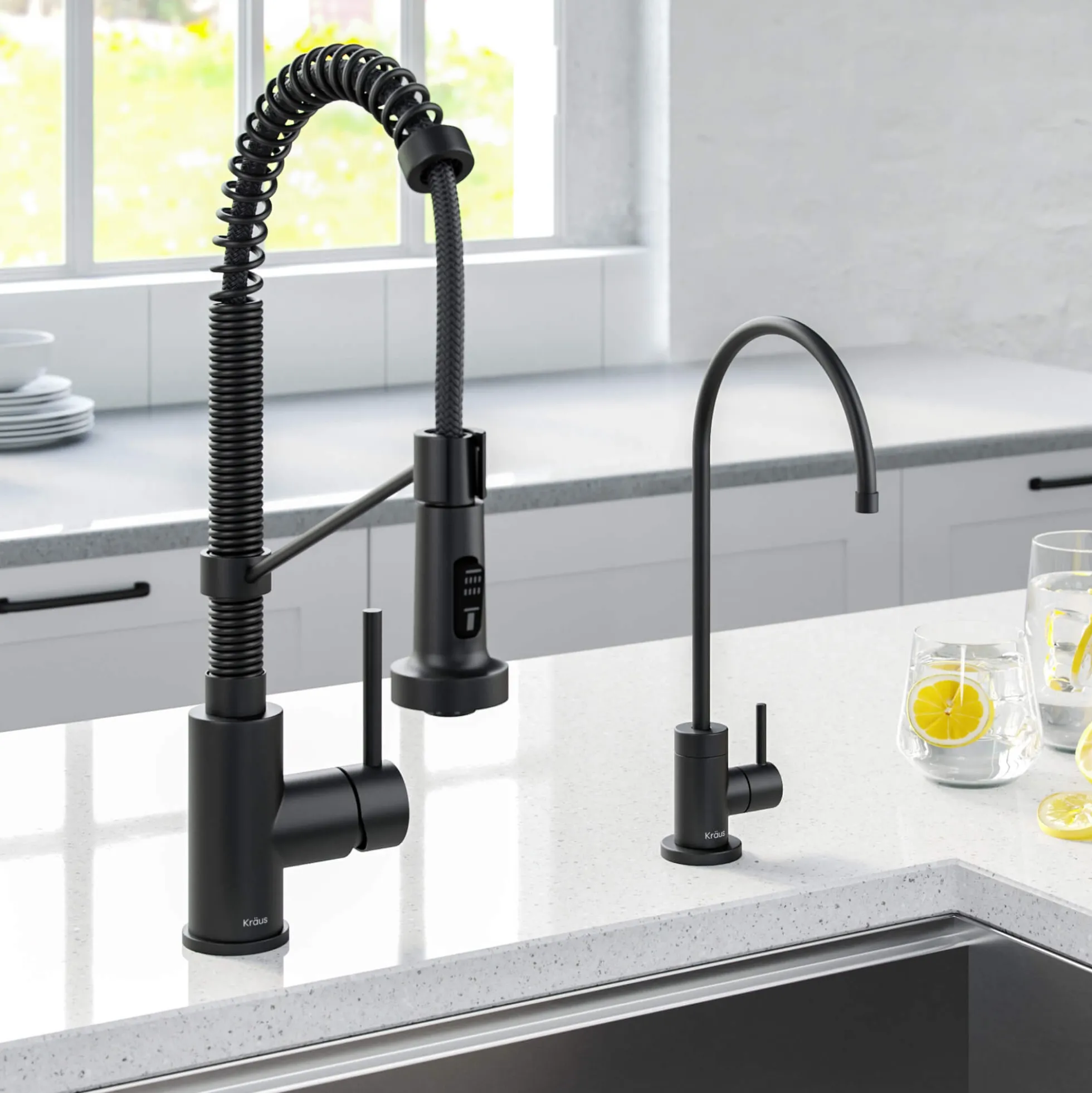 Commercial Style Pull-Down Kitchen Faucet and Water Filter Faucet Combo in Matte Black
