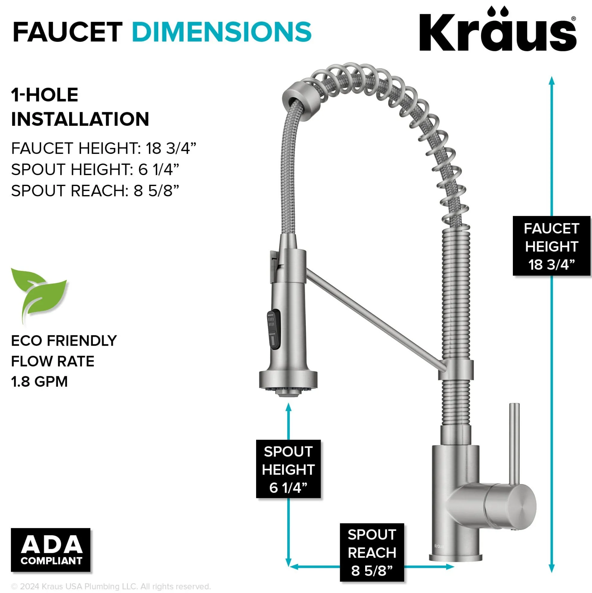 Commercial Style Pull-Down Single Handle 18" Kitchen Faucet in Spot Free Stainless Steel with Air Gap