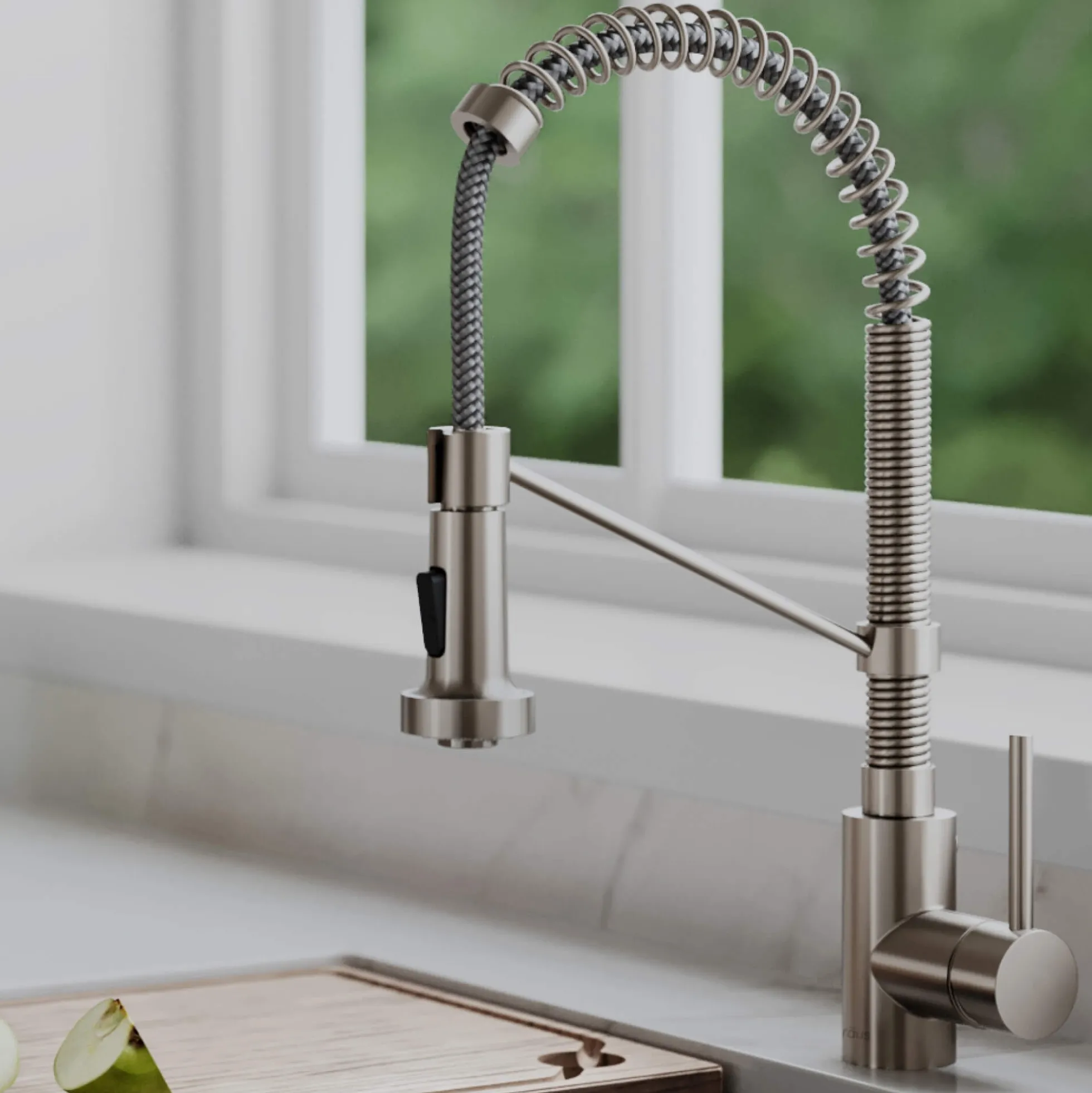 Commercial Style Pull-Down Single Handle 18" Kitchen Faucet in Spot Free Stainless Steel with Soap Dispenser