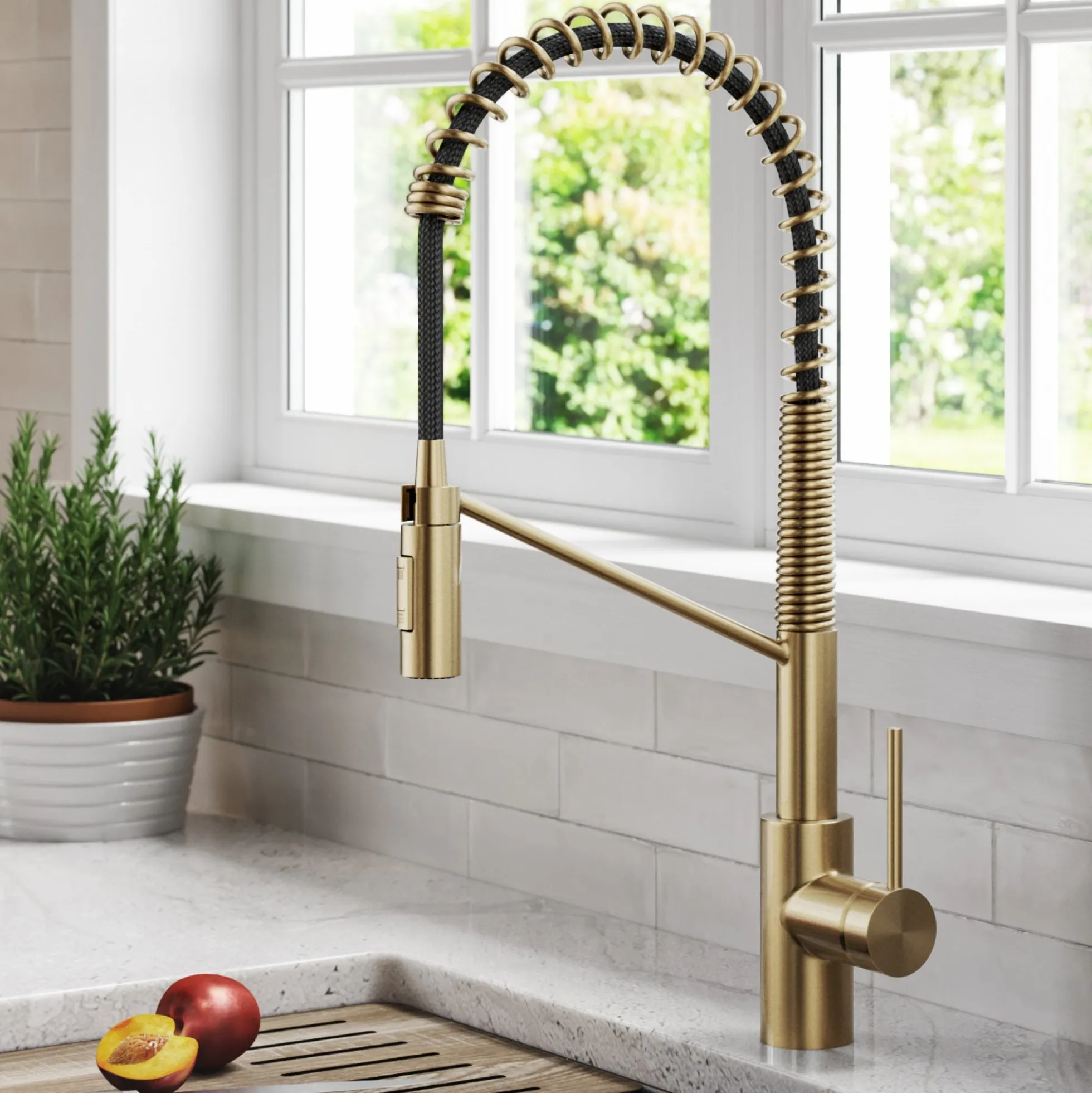 Commercial Style Single Handle Pull Down Kitchen Faucet with QuickDock Top Mount Installation Assembly in Spot Free Antique Champagne Bronze