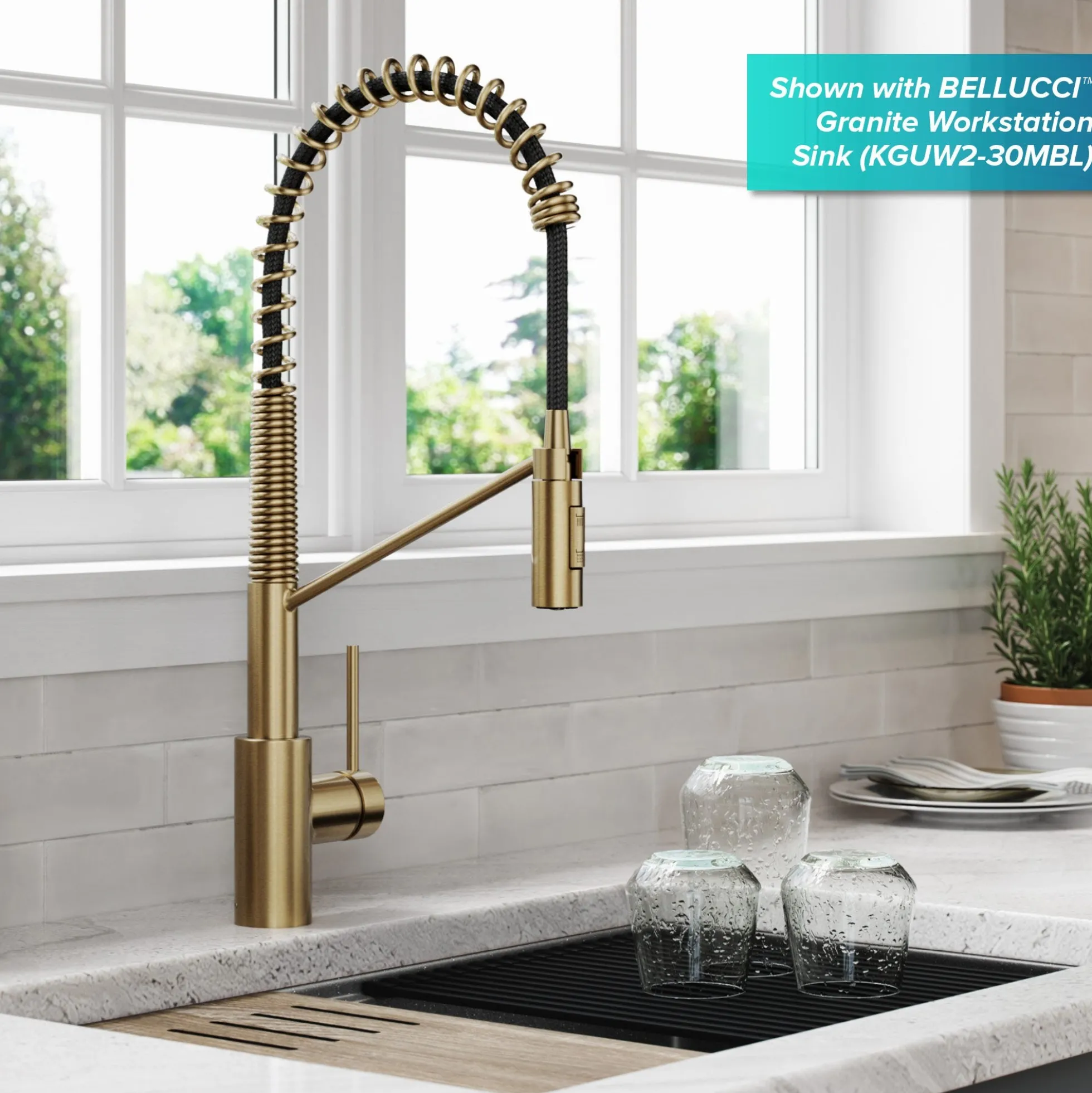 Commercial Style Single Handle Pull Down Kitchen Faucet with QuickDock Top Mount Installation Assembly in Spot Free Antique Champagne Bronze