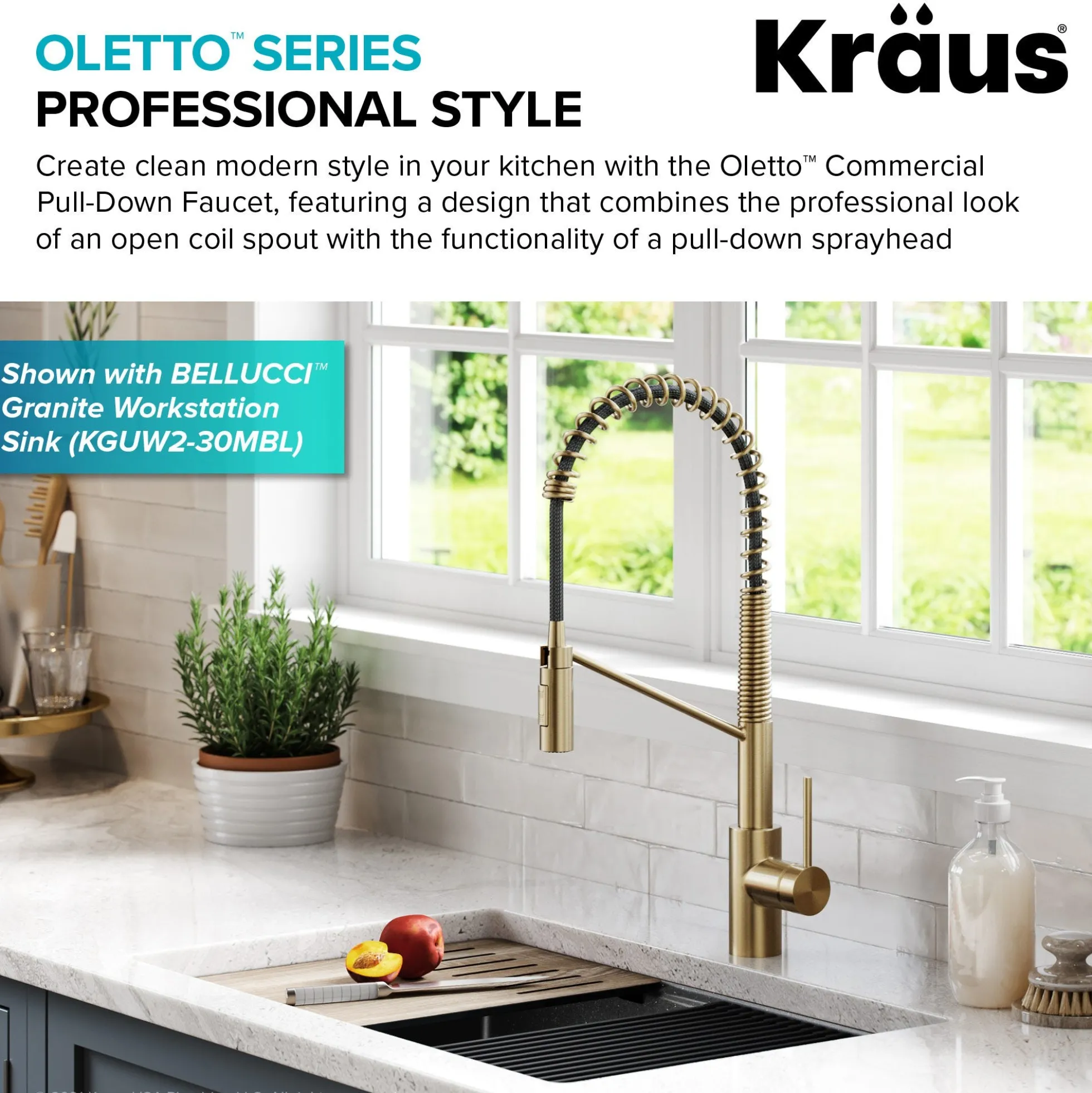 Commercial Style Single Handle Pull Down Kitchen Faucet with QuickDock Top Mount Installation Assembly in Spot Free Antique Champagne Bronze