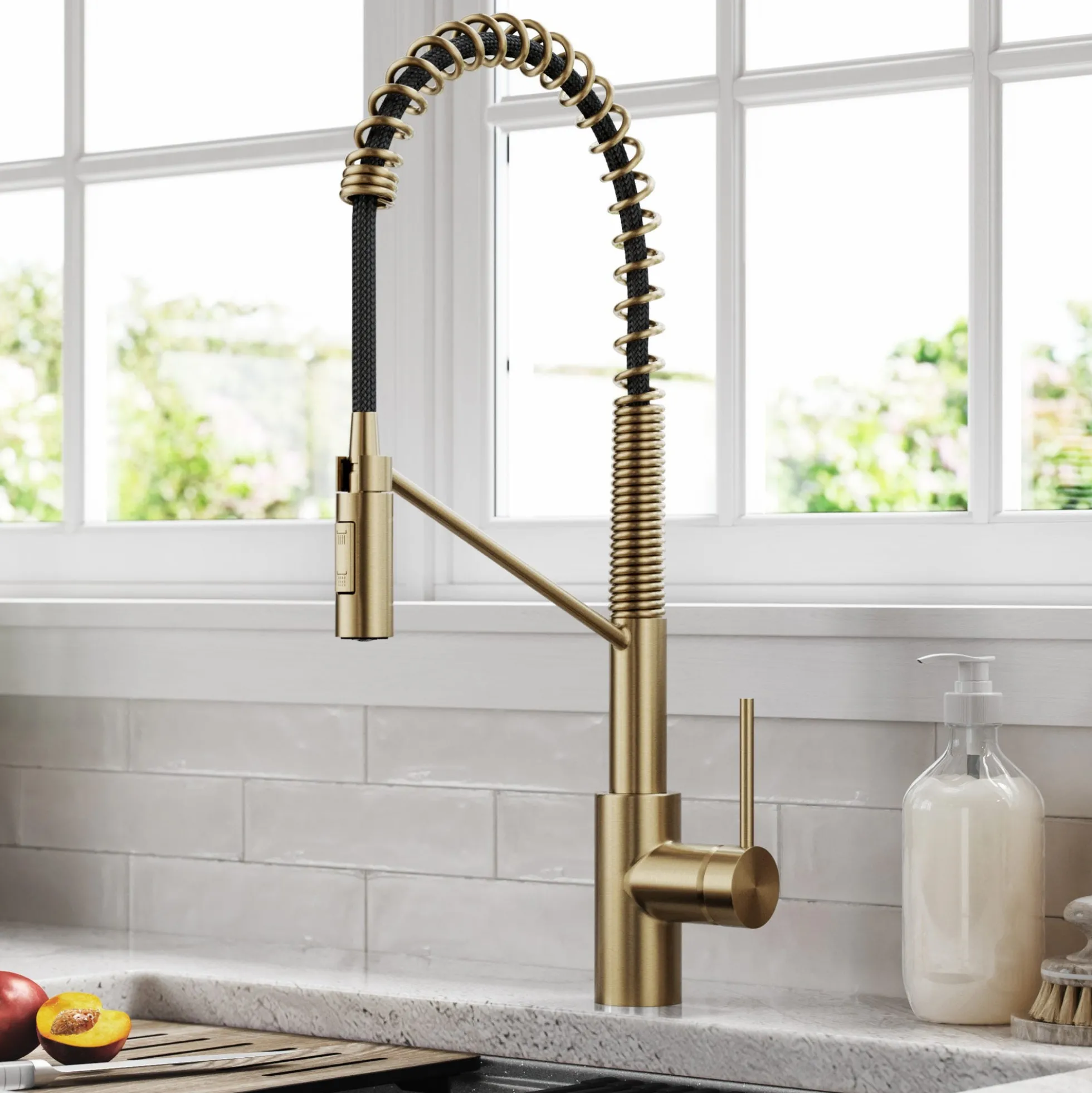 Commercial Style Single Handle Pull Down Kitchen Faucet with QuickDock Top Mount Installation Assembly in Spot Free Antique Champagne Bronze