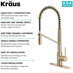 Commercial Style Single Handle Pull Down Kitchen Faucet with QuickDock Top Mount Installation Assembly in Spot Free Antique Champagne Bronze