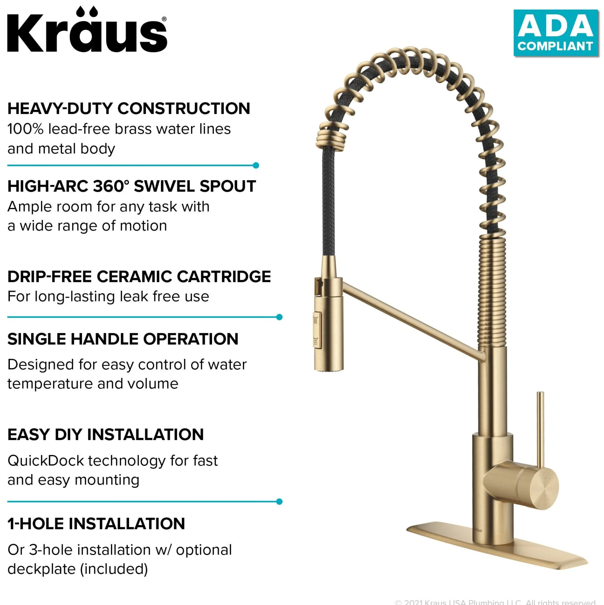 Commercial Style Single Handle Pull Down Kitchen Faucet with QuickDock Top Mount Installation Assembly in Spot Free Antique Champagne Bronze