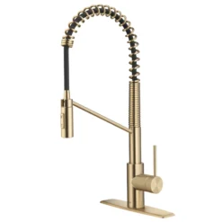 Commercial Style Single Handle Pull Down Kitchen Faucet with QuickDock Top Mount Installation Assembly in Spot Free Antique Champagne Bronze