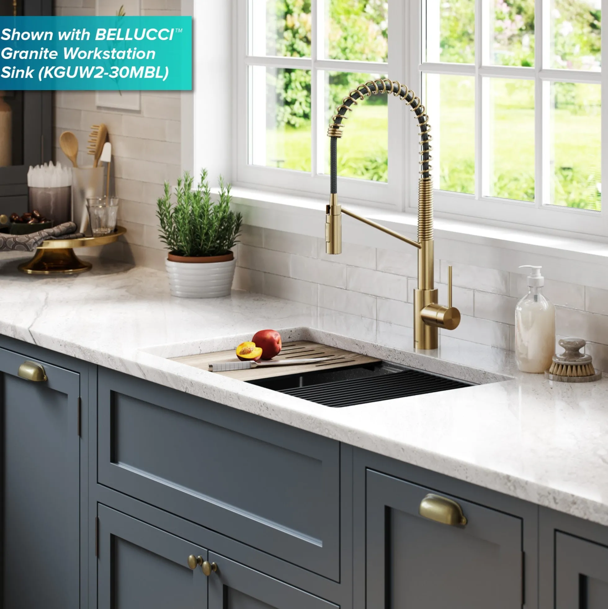 Commercial Style Single Handle Pull Down Kitchen Faucet with QuickDock Top Mount Installation Assembly in Spot Free Antique Champagne Bronze