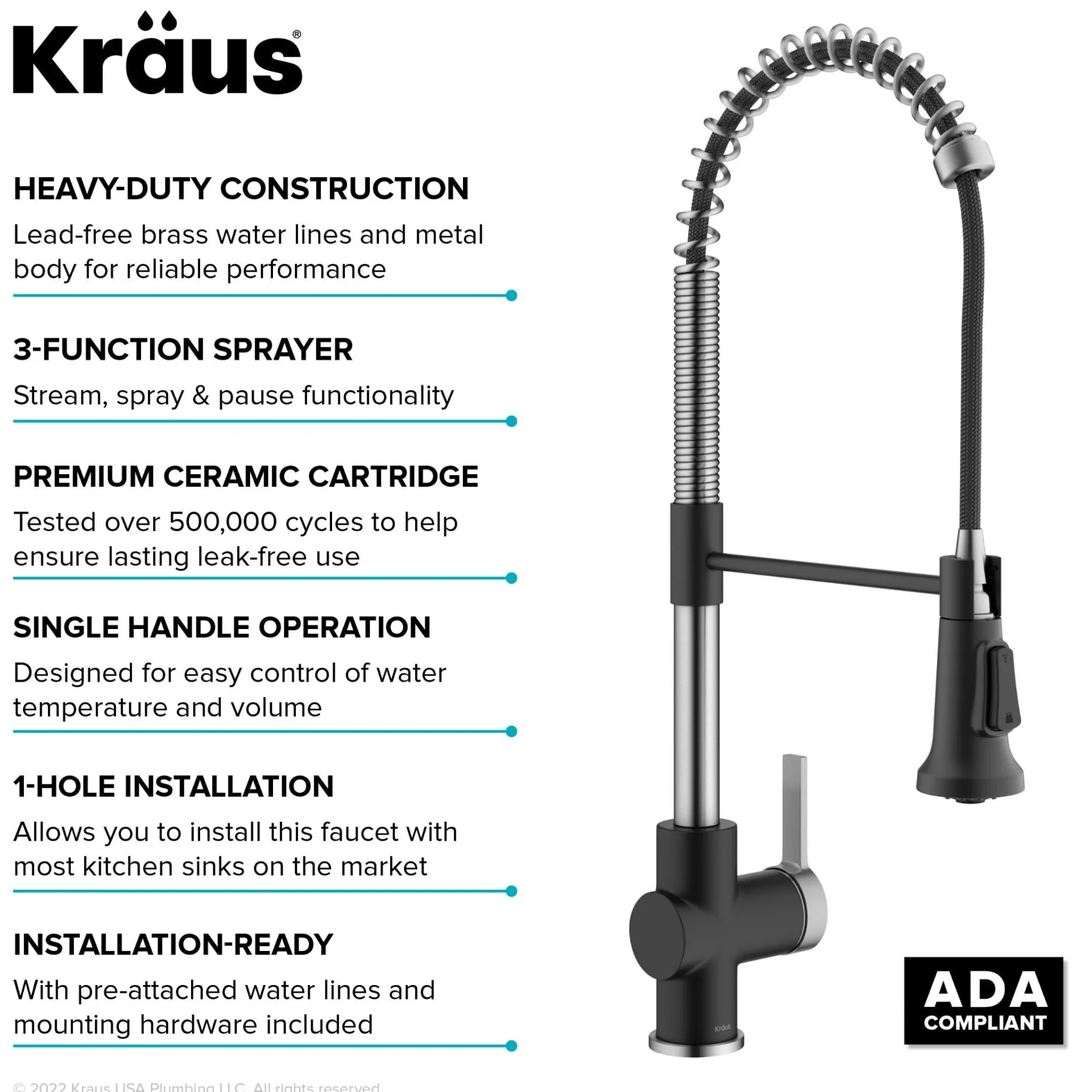 Commercial Style Single Handle Pull Down Kitchen Faucet in Spot-Free Stainless Steel/Matte Black